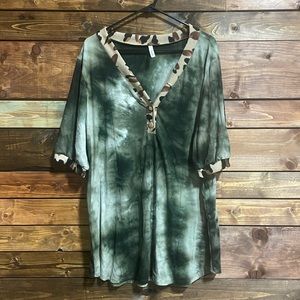 Green Tie-Dye & Leopard Blouse